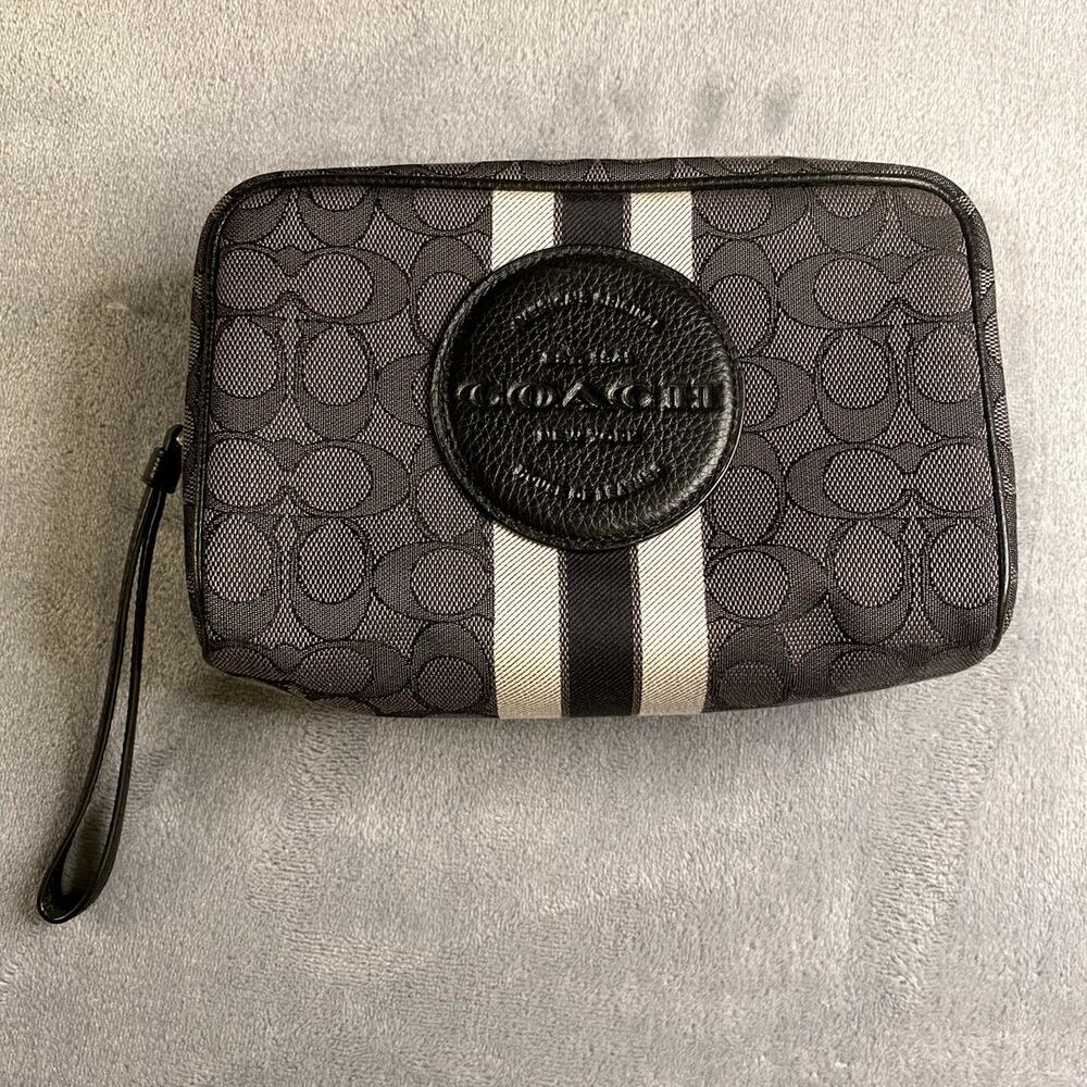 Coach Dempsey Cosmetic Case Black Smoke Jacquard Silver Small Travel - Flawed